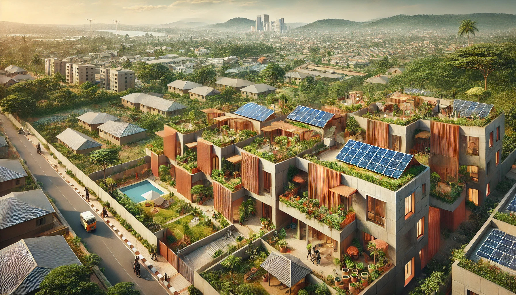 Here is the landscape image showcasing sustainable building design and construction in Nigeria, with features such as eco-friendly architecture, solar panels, rainwater harvesting, and green rooftops